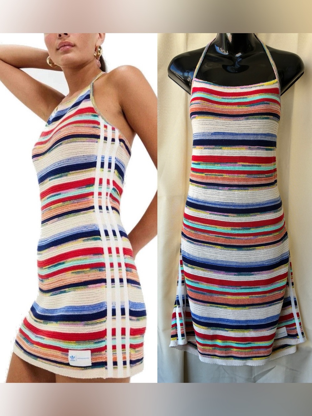 Adidas x Ksenia Schnaider Lifestyle Stripe Halter Knit Dress | Multicolor | XL